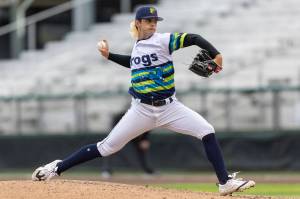 Taylor Dollard #40 of the Everett AquaSox pitches during the game against the Spokane Indians on Tuesday, April 21, 2026 in Everett, Washington. (Olivia Vanni / The Herald)