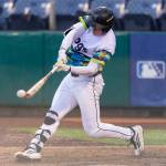 Jonny Farmelo #15 of the Everett AquaSox gets a hit during the game against the Spokane Indians on Tuesday, April 21, 2026 in Everett, Washington. (Olivia Vanni / The Herald)