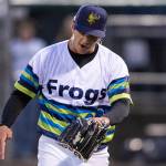 Taylor Dollard #40 of the Everett AquaSox reacts after getting a strikeout during the game against the Spokane Indians on Tuesday, April 21, 2026 in Everett, Washington. (Olivia Vanni / The Herald)
