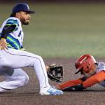 Axel Sanchez #21 of the Everett AquaSox catches a throw to second base for an out during the game against the Spokane Indians on Tuesday, April 21, 2026 in Everett, Washington. (Olivia Vanni / The Herald)