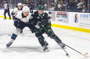 Matias Vanhanen #37 of the Everett Silvertips controls the puck against Parker Alcos #6 of the Kelowna Rockets during Game 5 of the Western Hockey League second round on Friday, April 17, 2026 in Everett, Washington. (Olivia Vanni / The Herald)