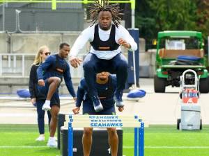 Seahawks running back Emanuel Wilson participates during the first day of Seattles offseason workout program at the Virginia Mason Athletic Center in Renton, Washington on Monday, April 20, 2026. (Photo courtesy of Edwin Hooper / Seattle Seahawks)