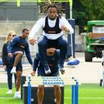 Seahawks running back Emanuel Wilson participates during the first day of Seattles offseason workout program at the Virginia Mason Athletic Center in Renton on Monday. (Photo courtesy of Edwin Hooper / Seattle Seahawks)
