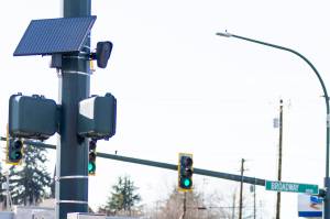 A Flock camera at the corner of Broadway and Everett Avenue on Monday, April 6, 2026 in Everett, Washington. (Olivia Vanni / The Herald)