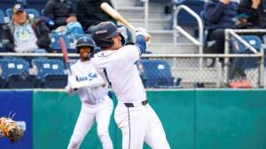 Brandon Eike of the Everett AquaSox takes a swing during a game against the Spokane Indians at Everett Memorial Stadium on Wednesday, April 22, 2026. (Photo courtesy of Shari Sommerfeld / Everett AquaSox)
