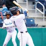 Brandon Eike of the Everett AquaSox takes a swing during a game against the Spokane Indians at Everett Memorial Stadium on Wednesday. (Photo courtesy of Shari Sommerfeld / Everett AquaSox)