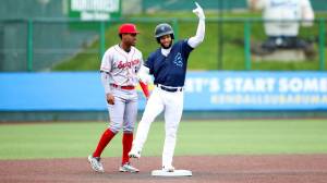 Carlos Jimenez of the Everett AquaSox celebrates after hitting a three-run double in the first inning against the Spokane Indians on Thursday, April 23, 2026 at Everett Memorial Stadium. (Photo courtesy of Evan Morud / Everett AquaSox)