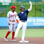 Carlos Jimenez of the Everett AquaSox celebrates after hitting a three-run double in the first inning against the Spokane Indians on Thursday at Everett Memorial Stadium. (Photo courtesy of Evan Morud / Everett AquaSox)
