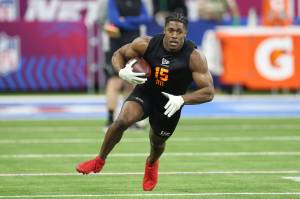 Notre Dame running back Jadarian Price participates in a drill during the NFL Scouting Combine at Lucas Oil Stadium on Feb. 28, 2026, in Indianapolis, Indiana. (Stacy Revere / Getty Images / Tribune News Services)