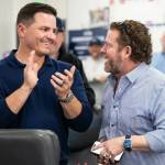 Seattle Seahawks head coach Mike Macdonald (left) and general manager John Schneider (right) react after the selection of Notre Dame running back Jadarian Price with the 32nd pick in the first round of the NFL Draft on Thursday, April 23, 2026. (Photo courtesy of the Seattle Seahawks)