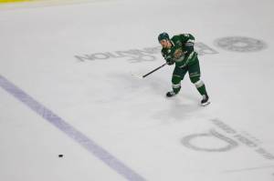 Silvertips defenseman Landon DuPont fires the puck up the ice during Everetts 4-1 win against the Penticton Vees in Game 1 of the WHL Western Conference Finals at Angel of the Winds Arena on April 23, 2026. (Joe Pohoryles / The Herald)