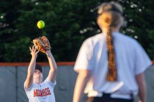 Monroe’s Tenny Oylear makes a catch for an out during the game against Stanwood on Thursday, May 1, 2025 in Monroe, Washington. (Olivia Vanni / The Herald)