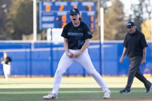 Shorewoods Max Rojas reacts after getting the final out of the game to beat Edmonds-Woodway on Wednesday, April 29, 2026 in Shoreline, Washington. (Olivia Vanni / The Herald)