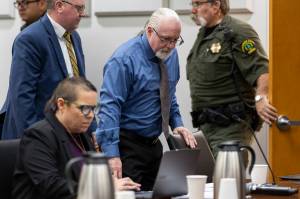 Mitchell Gaff enters the courtroom for his sentencing for two first degree murders at the Snohomish County Courthouse on Wednesday, May 13, 2026 in Everett, Washington. (Olivia Vanni / The Herald)