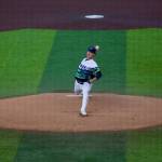 Mariners pitcher Bryce Miller begins his delivery on a pitch during a rehab assignment with the Everett AquaSox at Everett Memorial Stadium on April 24, 2026. (Joe Pohoryles / The Herald)