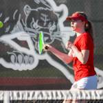 Snohomishs Morgan Gibson returns the ball in her match against Stanwoods Ryann Reep on Friday, April 12, 2024 in Snohomish. (Taras McCurdie / The Herald)