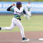 Felnin Celesten #5 of the Everett AquaSox makes a play to first base during the game against the Hillsboro Hops on Wednesday, May 6, 2026 in Everett, Washington. (Olivia Vanni / The Herald)