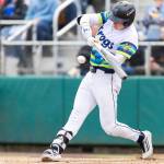 Jonny Farmelo #15 of the Everett AquaSox hits a home run during the game against the Hillsboro Hops on Wednesday, May 6, 2026 in Everett, Washington. (Olivia Vanni / The Herald)
