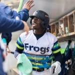 Felnin Celesten #5 of the Everett AquaSox celebrates after scoring during the game against the Hillsboro Hops on Wednesday, May 6, 2026 in Everett, Washington. (Olivia Vanni / The Herald)