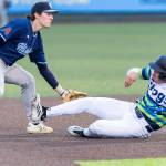 Jonny Farmelo #15 of the Everett AquaSox beats a show to second base during the game against the Hillsboro Hops on Wednesday, May 6, 2026 in Everett, Washington. (Olivia Vanni / The Herald)