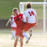 Snohomishs Carson Maechler and Mountlake Terraces Owen Smith battle for the ball during the loser-out 3A district playoff game on Thursday, May 7, 2026 in Snohomish, Washington. (Olivia Vanni / The Herald)