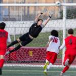 Snohomishs Zachary Khorrami dives for a shot by Mountlake Terraces Ash Jeffers as the ball hits off the crossbar during the second half of the loser-out 3A district playoff game on Thursday, May 7, 2026 in Snohomish, Washington. (Olivia Vanni / The Herald)