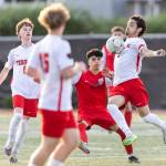 Mountlake Terraces Nick Portillo controls the ball against Snohomishs Aurick Arreola-Villasenor during the loser-out 3A district playoff game on Thursday, May 7, 2026 in Snohomish, Washington. (Olivia Vanni / The Herald)