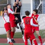 Snohomishs Zachary Khorrami jumps to make a save during the loser-out 3A district playoff game against Mountlake Terrace on Thursday, May 7, 2026 in Snohomish, Washington. (Olivia Vanni / The Herald)