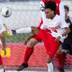 Mountlake Terraces Thomas Dogol tries to kick the ball behind him during the loser-out 3A district playoff game against Snohomish on Thursday, May 7, 2026 in Snohomish, Washington. (Olivia Vanni / The Herald)