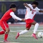 Mountlake Terraces Ash Jeffers controls the ball against Snohomishs Isidro Lopez Moreno during the loser-out 3A district playoff game on Thursday, May 7, 2026 in Snohomish, Washington. (Olivia Vanni / The Herald)