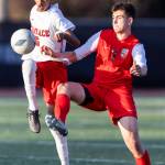 Mountlake Terraces Rafeal Tewolde and Snohomishs Thomas Pursel battle for the ball during the loser-out 3A district playoff game on Thursday, May 7, 2026 in Snohomish, Washington. (Olivia Vanni / The Herald)