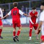 Snohomishs Sonteyago Seeley, Chase Beazer and Carson Maechler react after beating Mountlake Terrace in the loser-out 3A district playoff game on Thursday, May 7, 2026 in Snohomish, Washington. (Olivia Vanni / The Herald)
