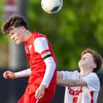 Mountlake Terraces Nathan Anderberg pushes Snohomishs Carson Maechler as he jumps up to head the ball during the loser-out 3A district playoff game on Thursday, May 7, 2026 in Snohomish, Washington. (Olivia Vanni / The Herald)