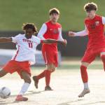 Mountlake Terraces Ash Jeffers controls the ball against Snohomishs Carson Maechler during the loser-out 3A district playoff game on Thursday, May 7, 2026 in Snohomish, Washington. (Olivia Vanni / The Herald)