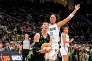 Seattle Storm guard Jade Melbourne drives for a layup during a game against the Golden State Valkyries on Friday, May 8, 2026 at Climate Pledge Arena in Seattle. (Courtesy of Seattle Storm)