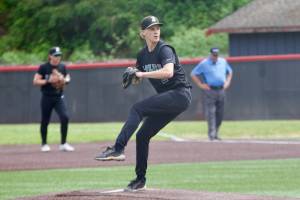 Jacksons Austin Halvorson pitches against Woodinville in a 4A District 1-2 playoff game at Bannerwood Park in Bellevue, Washington on Saturday, May 9, 2026. (Aaron Coe / The Herald)