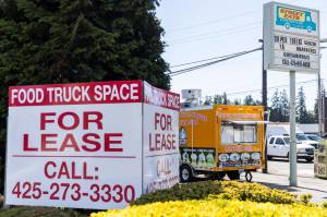 Super Tortas Ganzin sits in a spot at the Street Eats Food Truck Village on Monday, May 11, 2026 in Lynnwood, Washington. (Olivia Vanni / The Herald)
