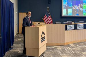 Mountlake Terrace Mayor Steve Woodard delivers his annual State of the City address Wednesday at Mountlake Terrace City Hall. (Jenna Peterson | The Herald)