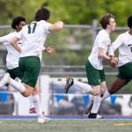 Edmonds-Woodways Neaphtali Daniel and teammates react to his goal during the 3A district semifinal game against Shorecrest on Tuesday, May 12, 2026 in Shoreline, Washington. (Olivia Vanni / The Herald)
