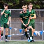 Shorecrests Cole Ambrose reacts after scoring during the 3A district semifinal game against Edmonds-Woodway on Tuesday, May 12, 2026 in Shoreline, Washington. (Olivia Vanni / The Herald)