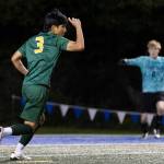 Shorecrests Maceo Jala reacts after scoring the winning penalty to beat Edmonds-Woodway in the 3A district semifinal game on Tuesday, May 12, 2026 in Shoreline, Washington. (Olivia Vanni / The Herald)