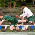 Edmonds-Woodways Neaphtali Daniel pushes Shorecrests Blake Mason off of the ball during the 3A district semifinal game on Tuesday, May 12, 2026 in Shoreline, Washington. (Olivia Vanni / The Herald)