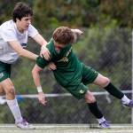 Shorecrests Kai Short (9) controls the ball against Edmonds-Woodways Ryan Farrell during the 3A district semifinal game on Tuesday, May 12, 2026 in Shoreline, Washington. (Olivia Vanni / The Herald)