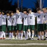 Edmonds-Woodway players line up for penalty kicks during the 3A district semifinal game against Shorecrest on Tuesday, May 12, 2026 in Shoreline, Washington. (Olivia Vanni / The Herald)