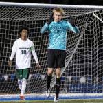 Shorecrests Asher Martin reacts after Edmonds-Woodways Natan Ghebreamlak misses his penalty kick during the 3A district semifinal game on Tuesday, May 12, 2026 in Shoreline, Washington. (Olivia Vanni / The Herald)