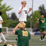 Edmonds-Woodways Jonah Sutcliffe reacts after he is called for a foul on Shorecrests Cole Ambrose during the 3A district semifinal game on Tuesday, May 12, 2026 in Shoreline, Washington. (Olivia Vanni / The Herald)