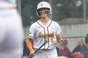 Everett’s Anna Luscher reacts after scoring during the game against Snohomish on Thursday, April 16, 2026 in Everett, Washington. (Olivia Vanni / The Herald)