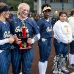 Everetts Ziarah Parker and Haylie Oyler accept the second place 3A District 1 trophy after losing to Sedro-Woolley in the district championship on Thursday, May 14, 2026 in Everett, Washington. (Olivia Vanni / The Herald)