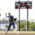 Everetts Mia Hoekendorf fields the ball and throws to first base during the 3A district championship game against Sedro-Woolley on Thursday, May 14, 2026 in Everett, Washington. (Olivia Vanni / The Herald)