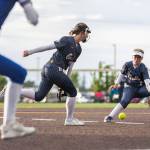 A hit falls between Everetts Anna Luscher and Everetts Kaitlyn Kelley during the 3A district championship game against Sedro-Woolley on Thursday, May 14, 2026 in Everett, Washington. (Olivia Vanni / The Herald)